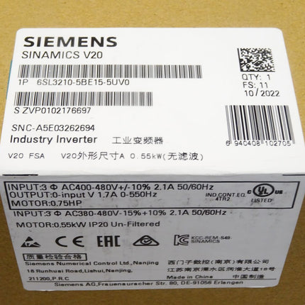 Siemens Sinamics V20 6SL3210-5BE15-5UV0 6SL3 210-5BE15-5UV0 / Neu OVP versiegelt - Maranos.de