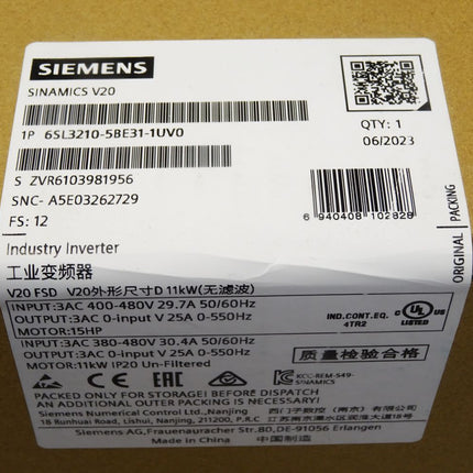 Siemens Sinamics V20 6SL3210-5BE31-1UV0 6SL3 210-5BE31-1UV0 / Neu OVP versiegelt - Maranos.de