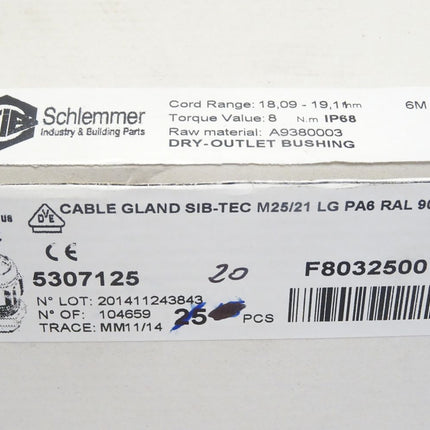 Schlemmer Cable Gland SIB-TEC M25/21 LG PA6 / 5307125 / Inhalt : 20 Stück / Neu OVP - Maranos.de