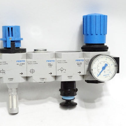 Festo 170682 Einschaltventil HE-D-MIDI + 170685 Abzweigmodul FRM-D-MIDI + 192561 Filter LF-D-5M-MIDI-A + 162586 LR-1/2-D-7-MIDI Druckregelventil - Maranos.de