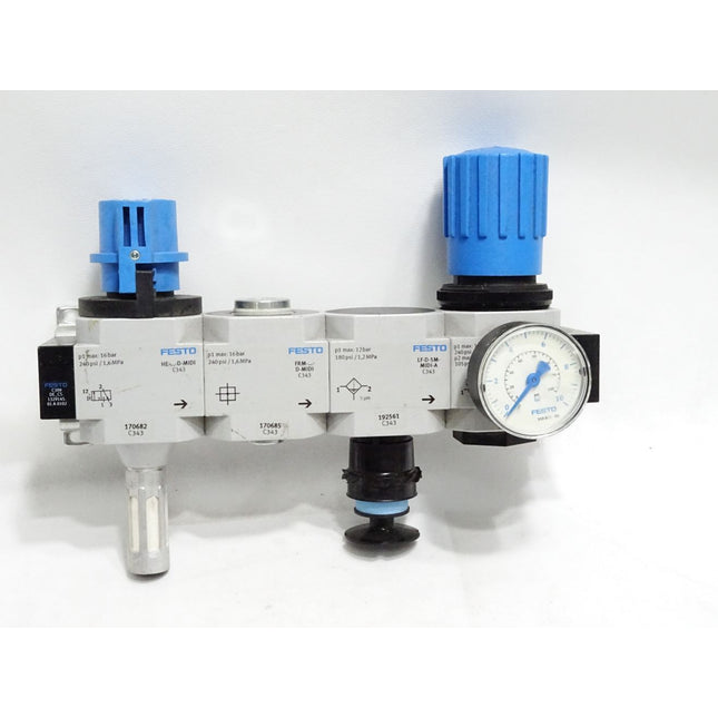 Festo 170682 Einschaltventil HE-D-MIDI + 170685 Abzweigmodul FRM-D-MIDI + 192561 Filter LF-D-5M-MIDI-A + 162586 LR-1/2-D-7-MIDI Druckregelventil - Maranos.de