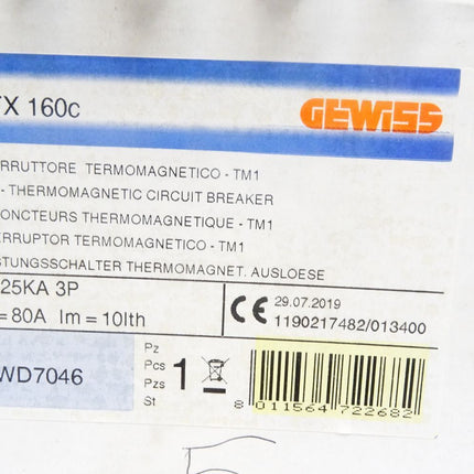 Gewiss Leistungsschalter Thermomagnetische Ausloeser MTX160C 80A / GWD7046 / Neu OVP - Maranos.de