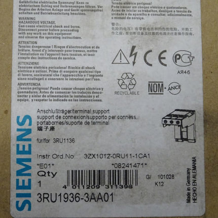 Siemens 3RU1936-3AA01 Anschlußträger 3RU1 936-3AA01 neu-OVP - Maranos.de