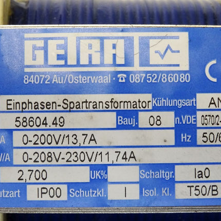Getra Trafo Einphasen-Spartransformator 58604.49 0-200V 13.7A 0-208V-230V 11.74A 2.700kVA - Maranos.de