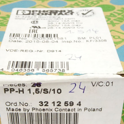 Phoenix Contact PP-H1,5/S/10 / 3212594 / Inhalt : 24 Stück / Neu OVP - Maranos.de