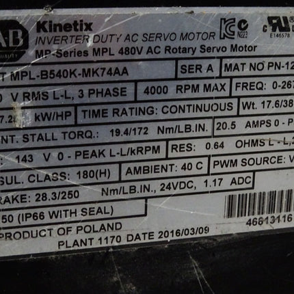 Allen Bradley Kinetix Sevomotor MPL-B540K-MK74AA PN-12325 4000rpm 5.4kW / Unbenutzt mit Lagerspuren - Maranos.de