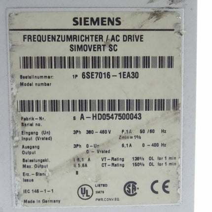 Siemens Simovert SC 6SE7016-1EA30 Wechselrichter / AC Drive - Maranos.de