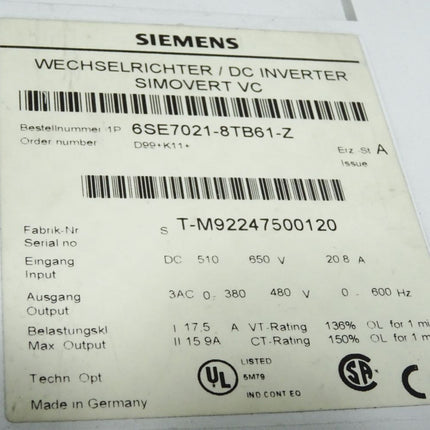 Siemens Simovert Wechselrichter 6SE7021-8TB61-Z D99+K11 6SE7090-0XX84-0AB0 6SE7098-2XX84-0AH0 6SE7090-0XX84-0AH2 - Maranos.de