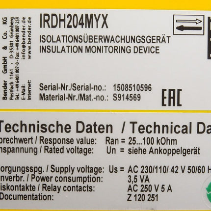 Bender IRDH204MYX Isolationsüberwachungsgerät - Maranos.de