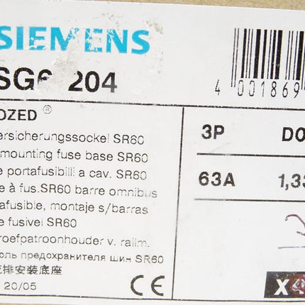 Siemens 5SG6204 Neozed Reitersicherungssockel SR60 63A / Inhalt : 3 Stück / Neu OVP - Maranos.de