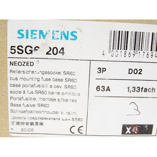 Siemens 5SG6204 Neozed Reitersicherungssockel SR60 63A / Inhalt : 3 Stück / Neu OVP - Maranos.de
