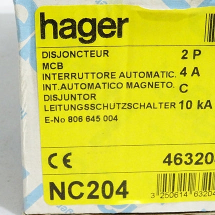 Hager Leitungsschutzschalter NC204 C4 463204 / Inhalt : 1 Stück / Neu - Maranos.de
