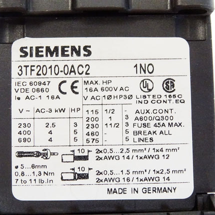 Siemens 3TF2010-0AC2 Schütz 3-polig, AC-3 4kW/400V - Maranos.de
