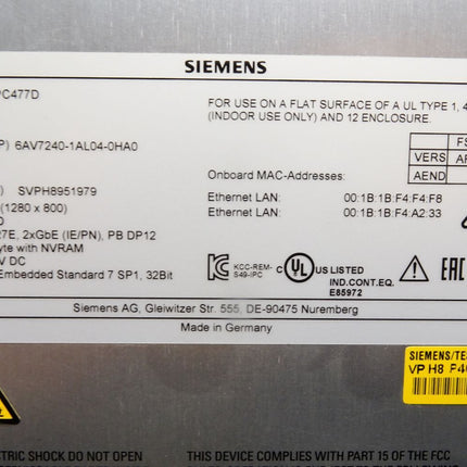 Siemens Simatic Panel IPC477D 6AV7240-1AL04-0HA0 12"-Touch 80GB SSD Neu OVP - Maranos.de