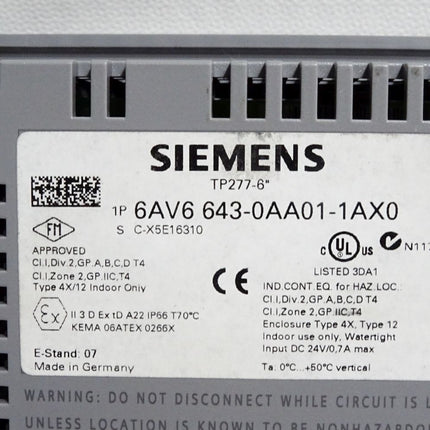 Siemens TP277 Touchpanel -6" 6AV6643-0AA01-1AX0 6AV6 643-0AA01-1AX0 - Maranos.de