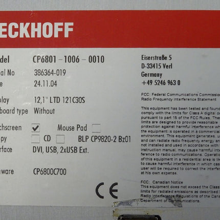 BECKHOFF CP6801-1006-0010 Touchpanel CP 6801 1006 0010 - Maranos.de