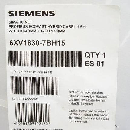 Siemens Simatic Net Profibus Ecofast Hybrid Kabel 1,5m / 6XV1830-7BH15 / Neu OVP - Maranos.de