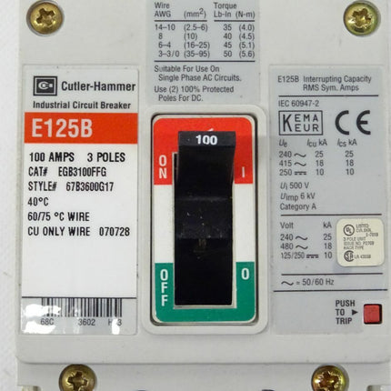 Cutler-Hammer E125B industrieller Leistungsschalter 100 AMPS 3 Polig - Maranos.de