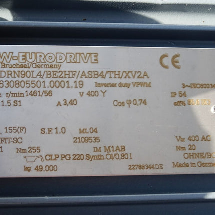 SEW Eurodrive Getriebemotor K47 DRN90L4/BE2HF/ASB4/TH/XV2A 01.6630805501.0001.19 r/min1461/56 1.5kW i25,91 / Neu mit Lagerspuren - Maranos.de