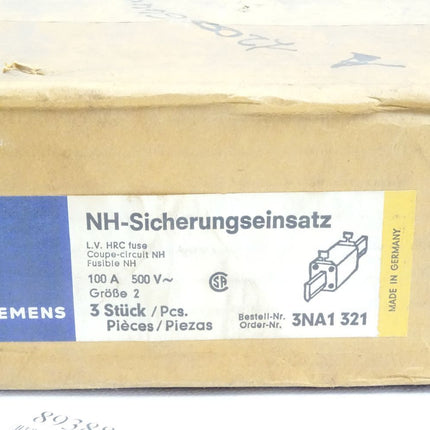 Siemens NH-Sicherungseinsatz 100A 500V~ / 3NA1321 / Inhalt : 3 Stück / Neu OVP - Maranos.de
