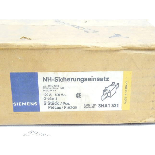 Siemens NH-Sicherungseinsatz 100A 500V~ / 3NA1321 / Inhalt : 3 Stück / Neu OVP - Maranos.de