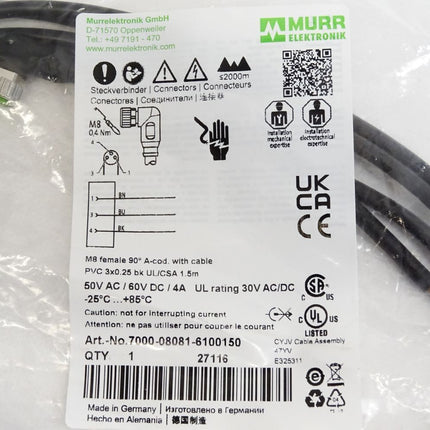 Murr Elektronik Kabel 7000-08081-6100150 M8 Buchse 90° A-kodiert / Neu OVP - Maranos.de