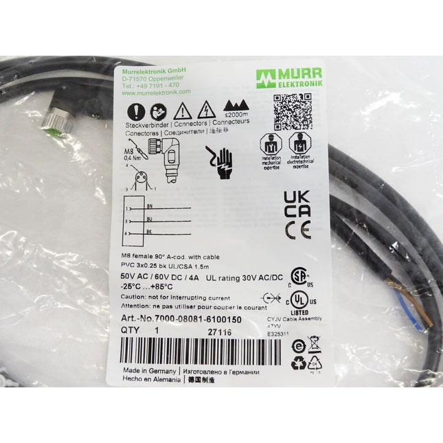 Murr Elektronik Kabel 7000-08081-6100150 M8 Buchse 90° A-kodiert / Neu OVP - Maranos.de