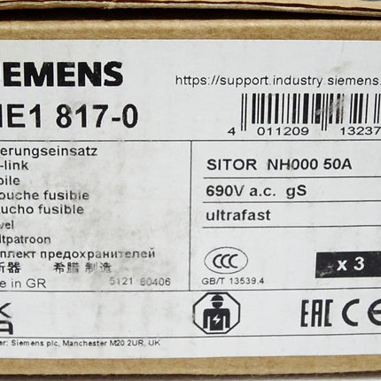 Siemens Sicherungseinsatz 3NE1817-0 Sitor NH000 50A gS 690V / Inhalt : 3 Stück / Neu OVP - Maranos.de