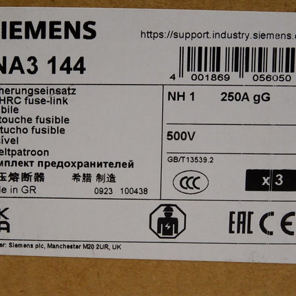Siemens 3NA3144 Sicherungseinsatz NH1 250A gG 500V / Inhalt : 3 Stück / Neu OVP - Maranos.de