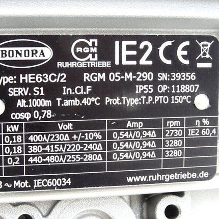 Bonora Getriebemotor HE63C/2 RGM 05-M-290 0.18kW 2730-3280rpm 7:1 / Neu - Maranos.de