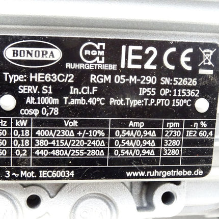 Bonora Getriebemotor HE63C/2 RGM 05-M-290 0.18kW 2730-3280rpm 5:1 / Neu - Maranos.de
