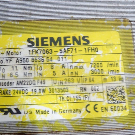 Siemens Simotics Servomotor 1FK7063-5AF71-1FH0 3000min-1 Encoder AM22DQ F49 - Maranos.de