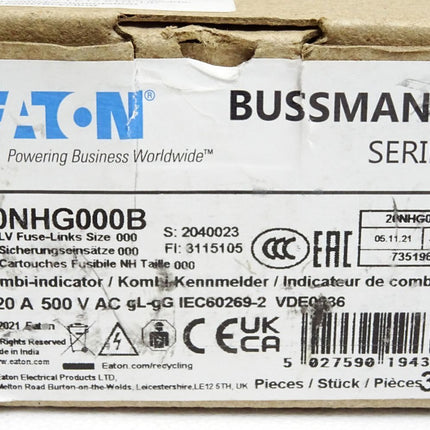 Eaton Bussmann 20NHG000B NH-Sicherungseinsätze 20A 500VAC gL/gG / inhalt:3 Stück / Neu OVP - Maranos.de