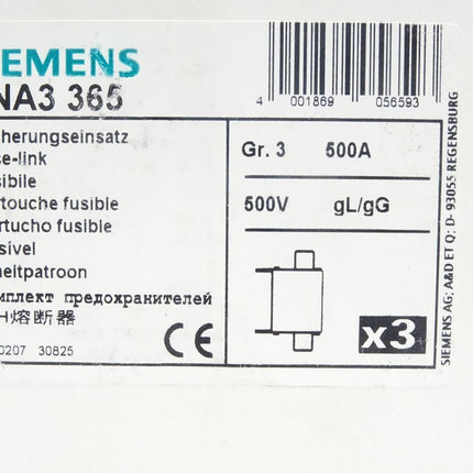 Siemens Sicherungseinsatz 500A 500V / 3NA3365 / Inhalt : 3 Stück / Neu OVP - Maranos.de