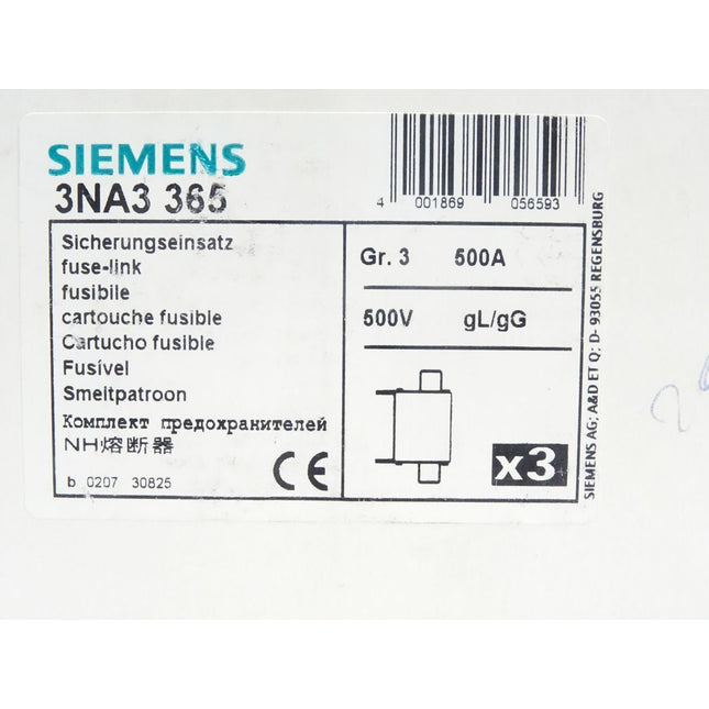 Siemens Sicherungseinsatz 500A 500V / 3NA3365 / Inhalt : 3 Stück / Neu OVP - Maranos.de
