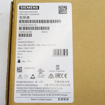 Siemens Sinamics Frequenzumrichter 2.2kW 6SL3210-1PE16-1AL1 / Neu OVP - Maranos.de