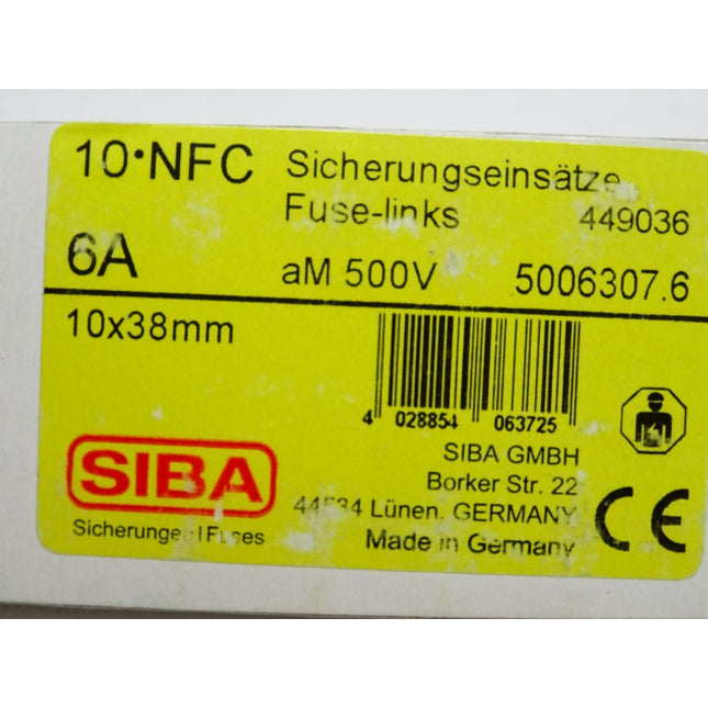 SIBA Sicherungen 5006307.6 / Inhalt : 10 Stück / NFC Fuse Link 6A gG 500V / Neu OVP - Maranos.de
