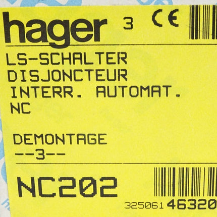 Hager Leitungsschutzschalter NC202 C2 463202 / Inhalt : 1 Stück / Neu - Maranos.de