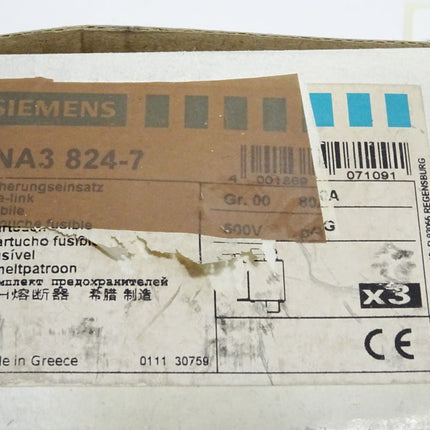 Siemens Sicherungseinsatz 3NA3824-7 NH00 80A 500VAC / Inhalt : 3 Stück / Neu OVP - Maranos.de