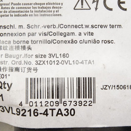 Siemens Anschluss mit Schraubverbindung VL160 / 3VL9216-4TA30 / Neu OVP - Maranos.de