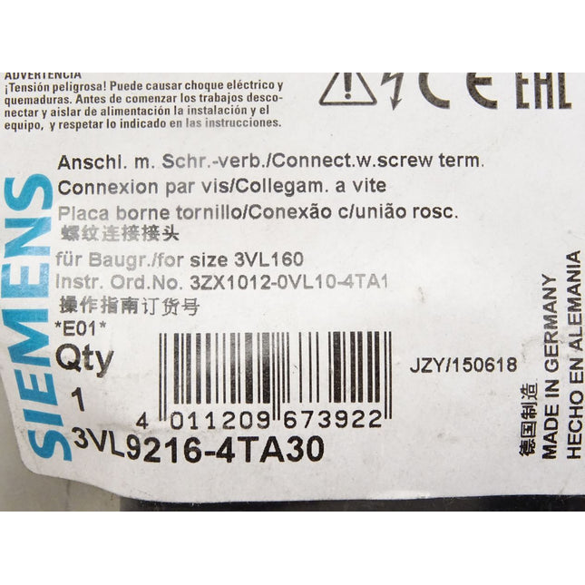 Siemens Anschluss mit Schraubverbindung VL160 / 3VL9216-4TA30 / Neu OVP - Maranos.de
