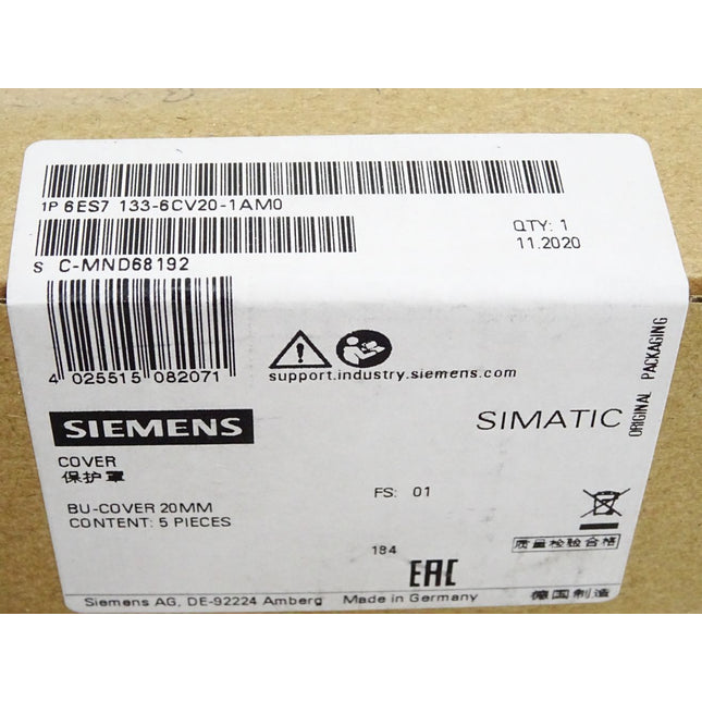 Siemens Simatic 6ES7133-6CV20-1AM0 6ES7 133-6CV20-1AM0 / Inhalt:5 BU-Cover / Neu OVP versiegelt - Maranos.de