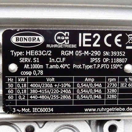 Bonora Getriebemotor HE63C/2 RGM 05-M-290 0.18kW 2730-3280rpm 7:1 / Neu - Maranos.de