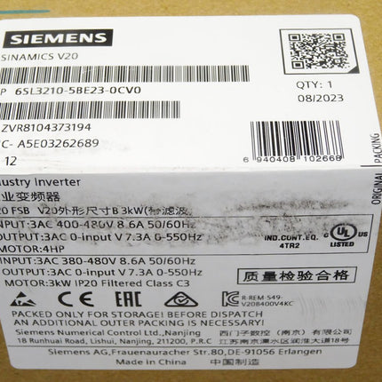 Siemens Sinamics V20 6SL3210-5BE23-0CV0 6SL3 210-5BE23-0CV0 / Neu OVP versiegelt - Maranos.de