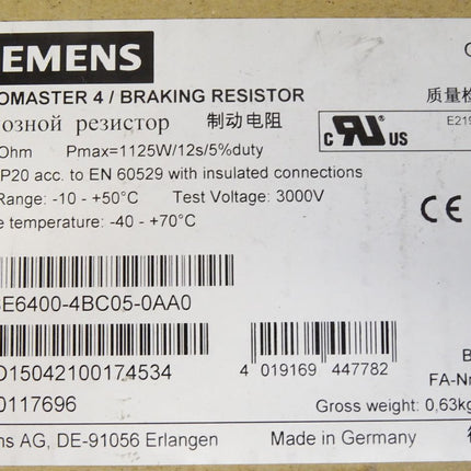 Siemens Micromaster 4 Bremswiderstand 6SE6400-4BC05-0AA0 180Ohm 1125W / Neu OVP - Maranos.de