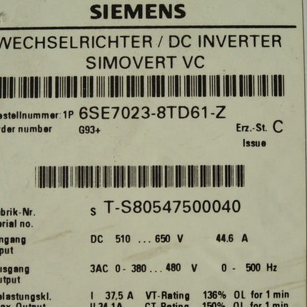 Siemens Simovert Wechselrichter 6SE7023-8TD61-Z mit Optionskarte G93 6SE7090-0XX84-0AB0 + 6SE7090-0XX84-0FF5 - Maranos.de