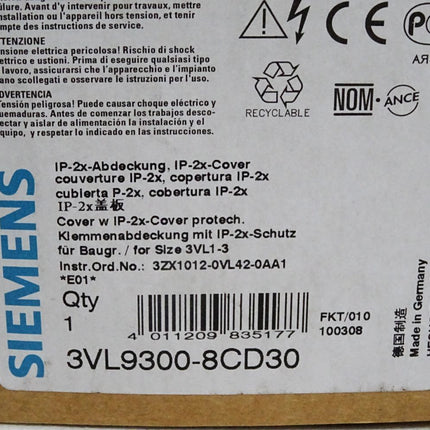 Siemens IP-2x-Abdeckung 3VL9300-8CD30 / Neu OVP - Maranos.de