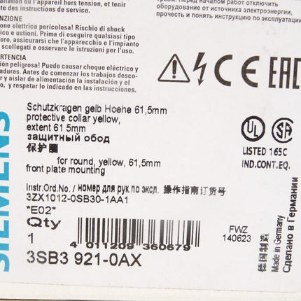 Siemens Schutzkragen gelb 61.5mm 3SB3921-0AX / Neu OVP - Maranos.de