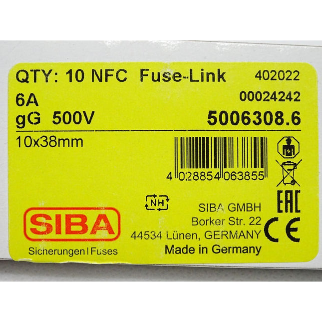 SIBA Sicherungen 5006308.6 / Inhalt : 10 Stück / NFC Fuse Link 6A gG 500V / Neu OVP - Maranos.de