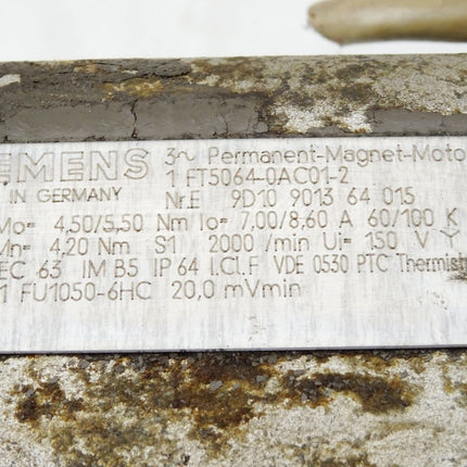Siemens Permanent Magnet Motor Servomotor 1FT5064-0AC01-2 2000min-1 - Maranos.de